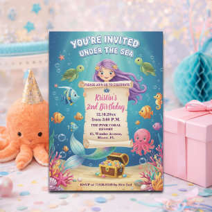 Invitation Fête d'anniversaire 2 ans sous la mer Sirène Rose