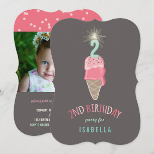 Invitation Fête d'anniversaire 2 ans Sparkler Girl Glace Rose