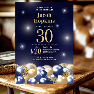 Invitation Fête d'anniversaire 30 ans Ballons Bleu Nuit Or