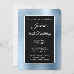 Invitation Fête d'anniversaire 30 ans Bleu clair Feuille noir