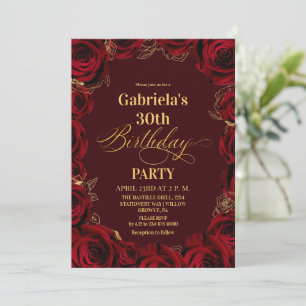 Invitation Fête d'anniversaire 30 ans Burgundy Rouge Or Flora
