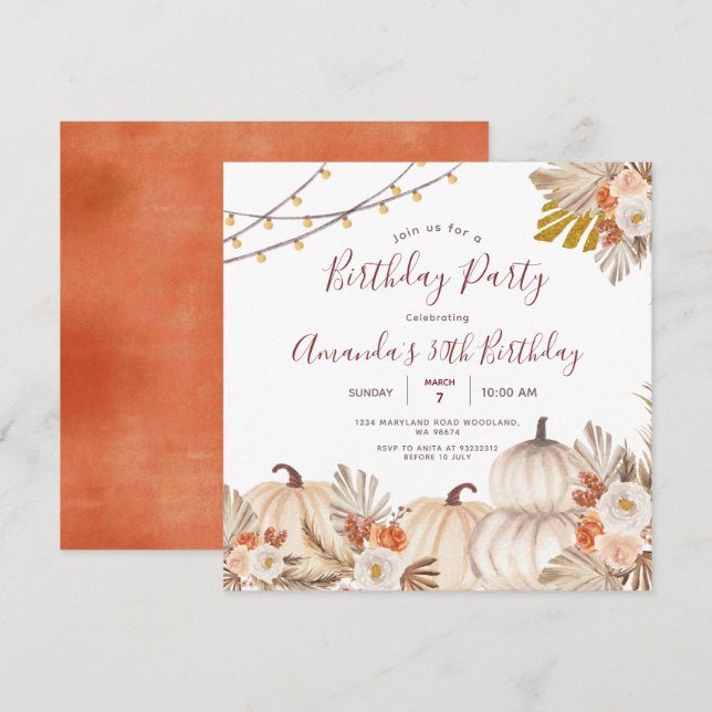 Invitation Fête d'anniversaire 30 ans citrouille Boho herbe d (Devant / Derrière)