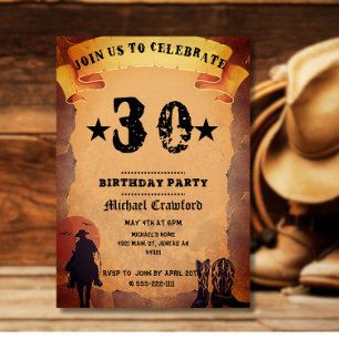 Invitation fête d'anniversaire 30 ans cowboy papier vieux che