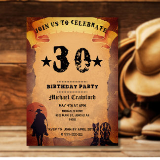 Invitation fête d'anniversaire 30 ans cowboy papier vieux che