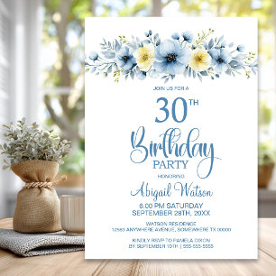 Invitation Fête d'anniversaire 30 ans Floral Bleu et Jaune Aq