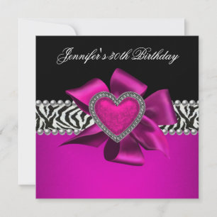 Invitation Fête d'anniversaire 30 ans Hot Pink Zèbre Noir