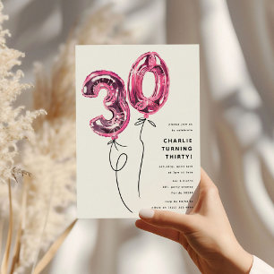 Invitation Fête d'anniversaire 30 ans Minimal Rose 30 Ballon