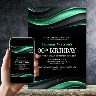 Invitation Fête d'anniversaire 30 ans moderne noire et verte