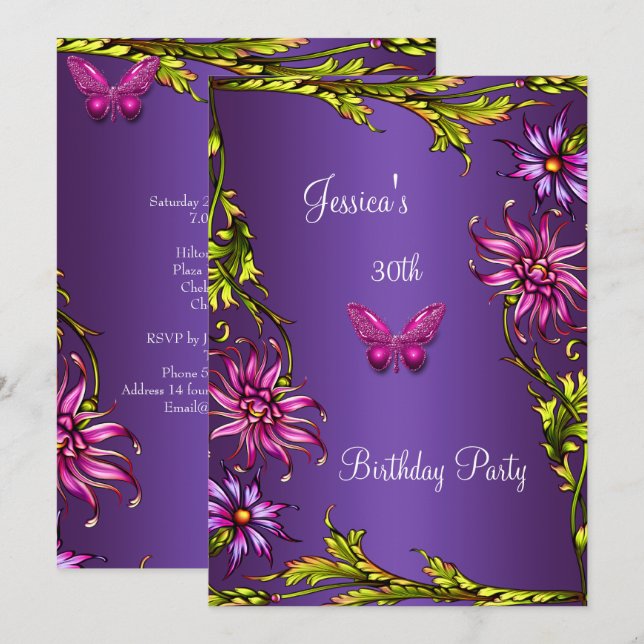 Invitation Fête d'anniversaire 30 ans Papillon Rose Violet Fl (Devant / Derrière)