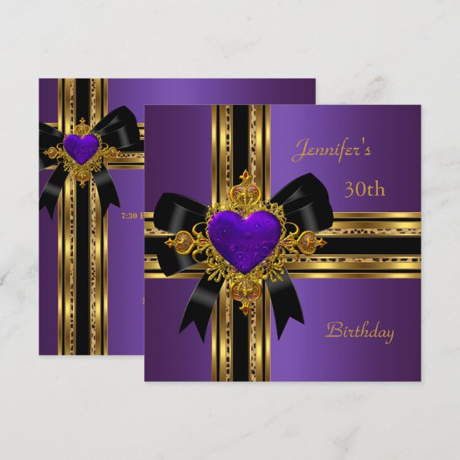 Invitation Fête d'anniversaire 30 ans Purple Gold Heart Jewel (Devant / Derrière)