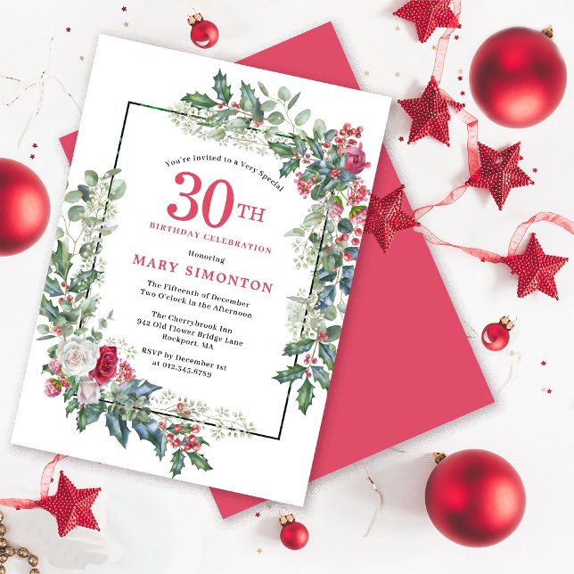 Invitation Fête d'anniversaire 30 ans Rose Blanche Rouge Flor (Need a matching welcome sign. Coordinating party supplies available. Message me!)