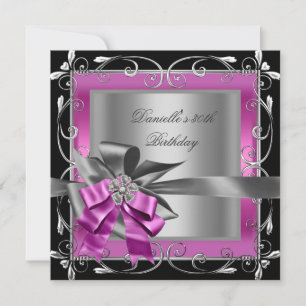 Invitation Fête d'anniversaire 30e Black Pink Silver Grey Bow