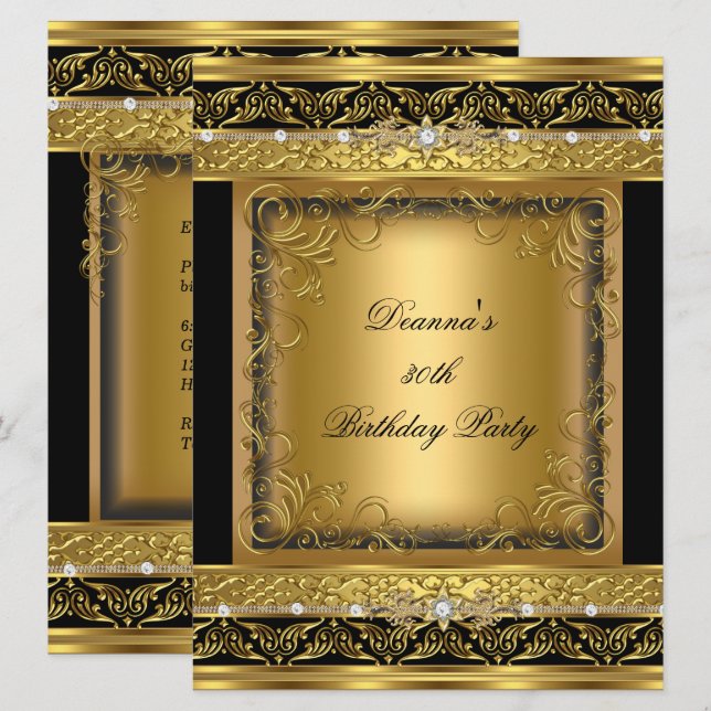 Invitation Fête d'anniversaire 30e Or métallique Diamant noir (Devant / Derrière)