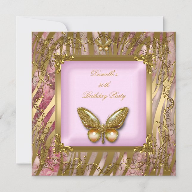 Invitation Fête d'anniversaire 30e Pink Gold Zebra Butterfly (Devant)