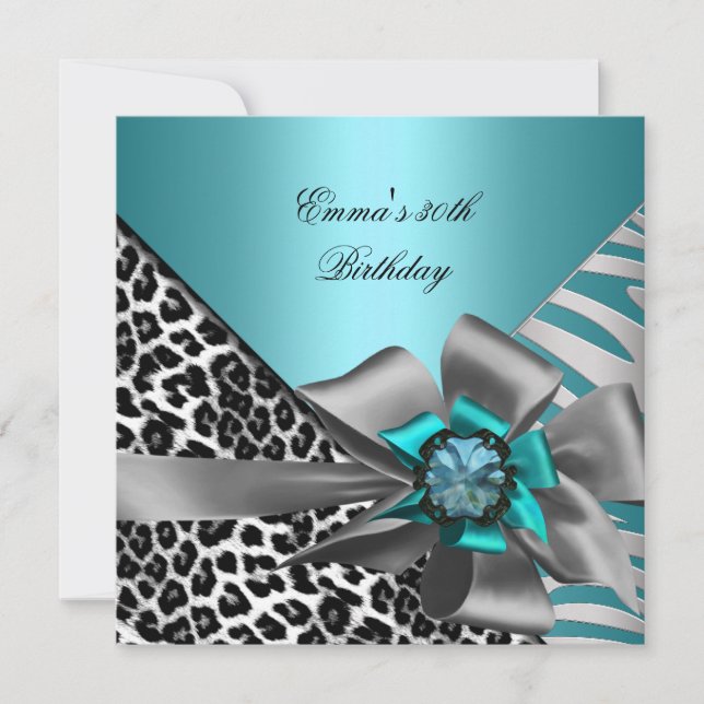 Invitation Fête d'anniversaire 30e Zebra Leopard Turquoise bl (Devant)