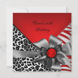 Invitation Fête d'anniversaire 30ème Zèbre  Léopard Rouge Noi