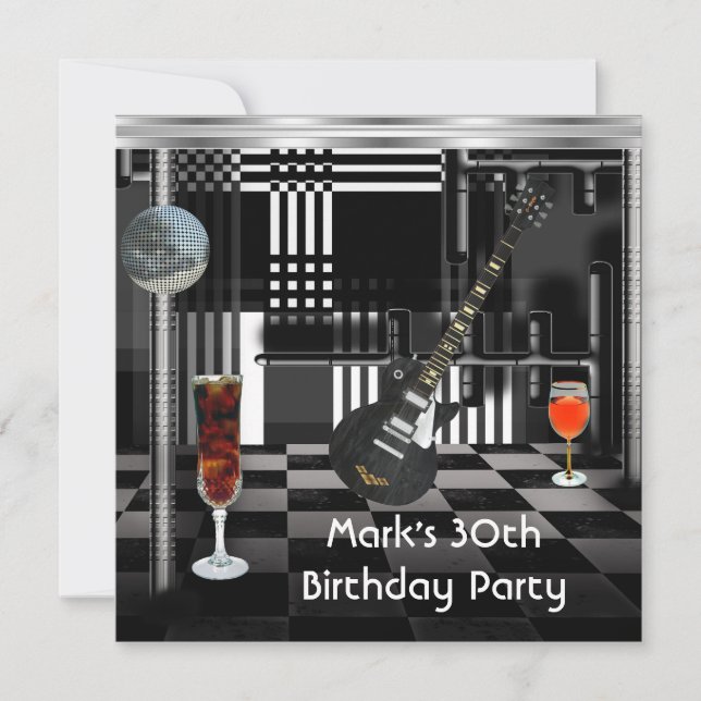 Invitation Fête d'anniversaire 30th Mens Guitare Boissons Noi (Devant)