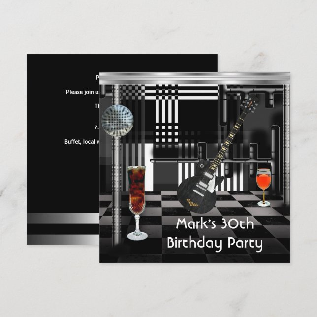 Invitation Fête d'anniversaire 30th Mens Guitare Boissons Noi (Devant / Derrière)