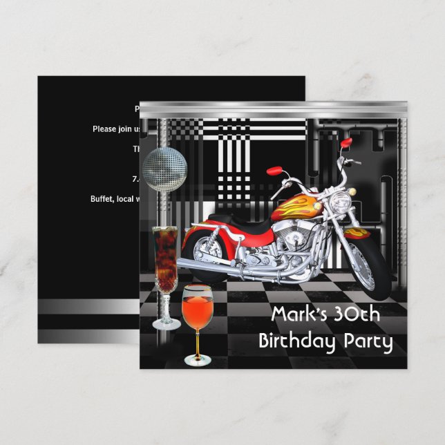 Invitation Fête d'anniversaire 30th Mens Vélos Boissons Noir  (Devant / Derrière)