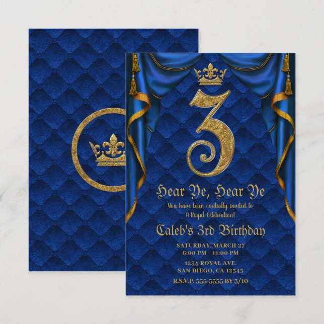 Invitation Fête d'anniversaire 3 ans Couronne Royale Bleu Or  (Devant / Derrière)