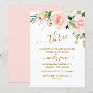 Invitation Fête d'anniversaire 3 ans Fleur Rose Or