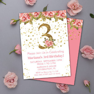 Invitation Fête d'anniversaire 3 ans thème Roses roses