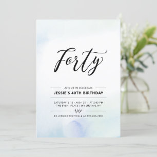 Invitation Fête d'anniversaire 40 ans   40ème Bleu Aquarelle