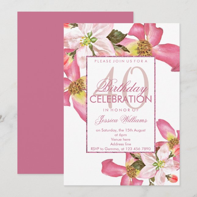 Invitation Fête d'anniversaire 40 ans aux fleurs aquarelles e (Devant / Derrière)