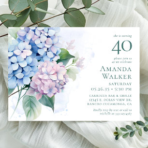 Invitation Fête d'anniversaire 40 ans aux Hydrangeas Rose Ble
