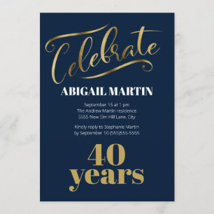 Invitation Fête d'anniversaire 40 ans Bleu Nuit Or Blanc