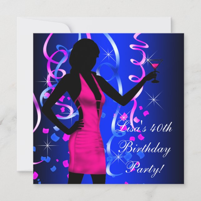 Invitation Fête d'anniversaire 40 ans Bleu royal Rose vif (Devant)