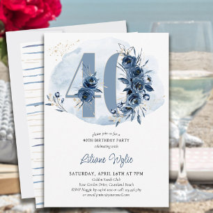 Invitation Fête d'anniversaire 40 ans Fleur Bleue Côtière Num