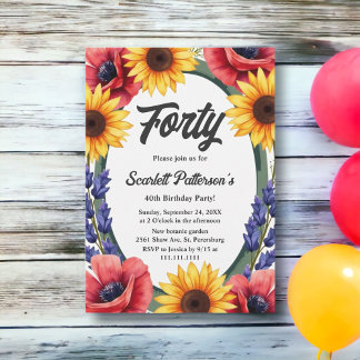 Invitation Fête d'anniversaire 40 ans Floral d'été de Prairie
