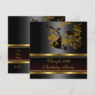 Invitation Fête d'anniversaire 40 ans motif floral noir or