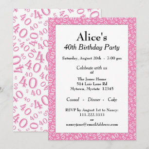 Invitation Fête d'anniversaire 40 ans, motif numérique rose/b