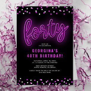 Invitation Fête d'anniversaire 40 ans Rose Néon Adulte