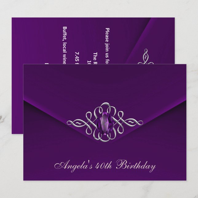 Invitation Fête d'anniversaire 40 ans Royal Silver Plum Velve (Devant / Derrière)