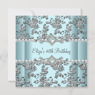 Invitation Fête d'anniversaire 40 ans Teal Bleu Blanc Perle A