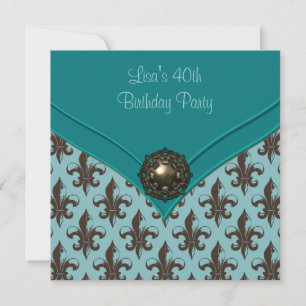 Invitation Fête d'anniversaire 40 ans Teal Brown Fleur de Lis