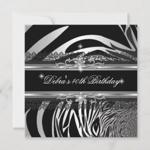 Invitation Fête d'anniversaire 40 ans Zèbre Noir Argent Blanc