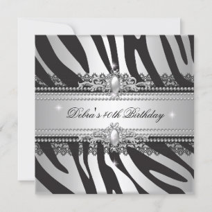 Invitation Fête d'anniversaire 40 ans Zèbre Perle Noir Argent