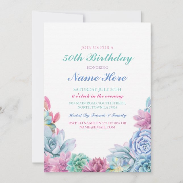 Invitation Fête d'anniversaire 40e 50e Pastels Succulents Inv (Devant)