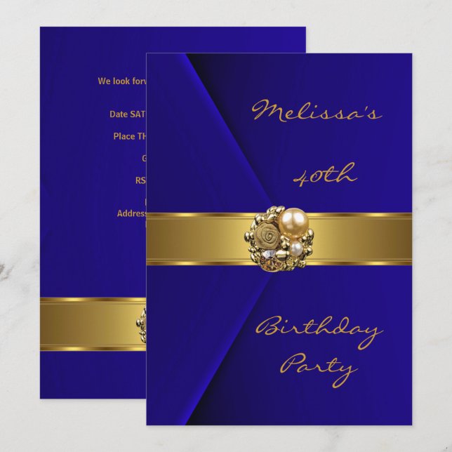 Invitation Fête d'anniversaire 40e Bijou de perle d'or bleu V (Devant / Derrière)