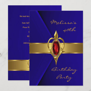 Invitation Fête d'anniversaire 40e Blue Faux Velvet Or rouge 