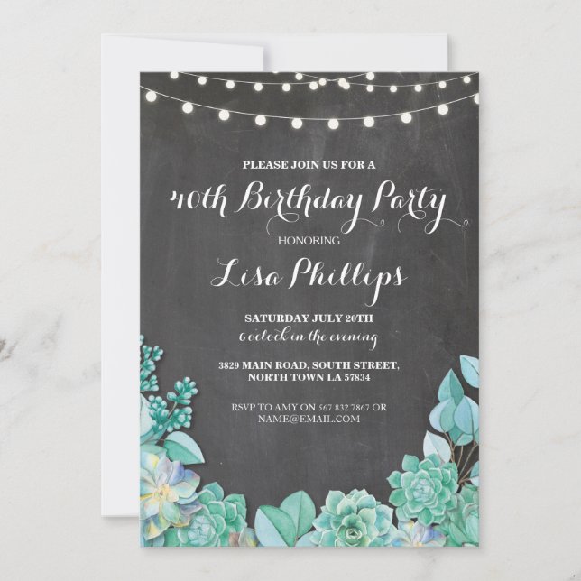 Invitation Fête d'anniversaire 40e Chalk Succulents Invitatio (Devant)