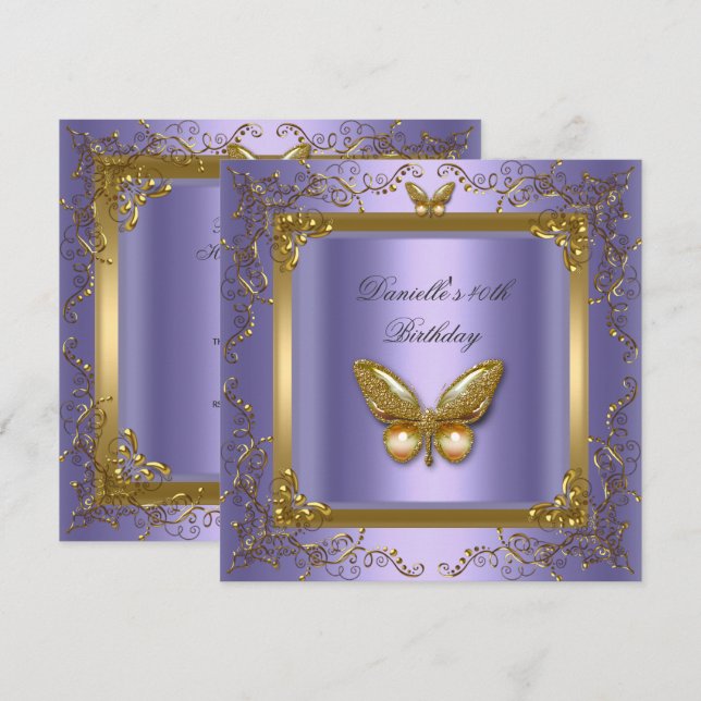 Invitation Fête d'anniversaire 40e Papillon violet d'or (Devant / Derrière)