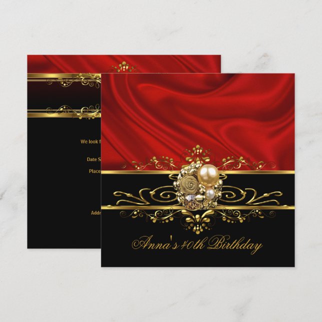Invitation Fête d'anniversaire 40e Rouge Silk Gold Black Stri (Devant / Derrière)