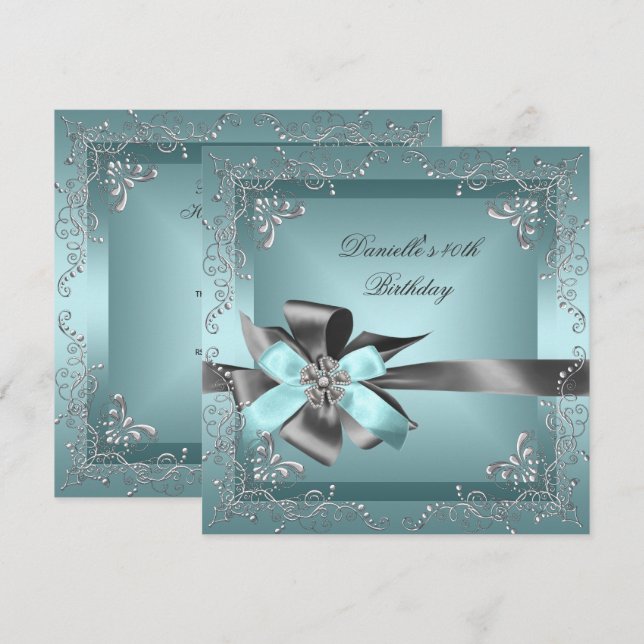 Invitation Fête d'anniversaire 40e Turquoise bleu gris argent (Devant / Derrière)