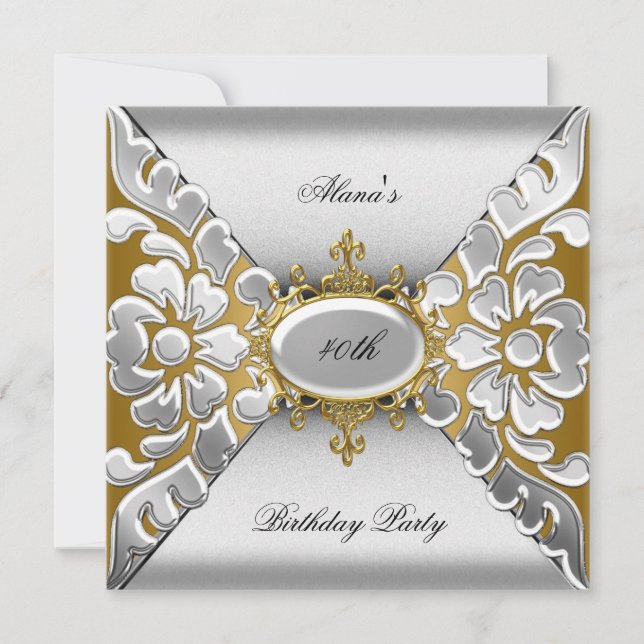 Invitation Fête d'anniversaire 40ème Elégant Argent Or (Devant)