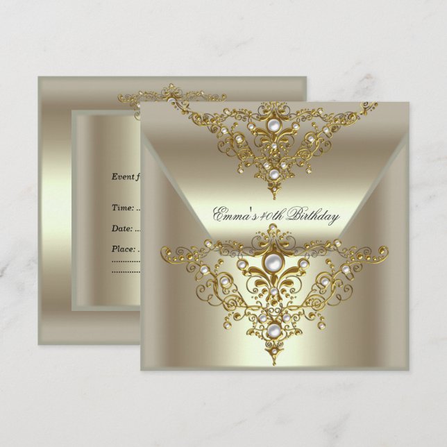Invitation Fête d'anniversaire 40th Gold Mint Crème Pearl (Devant / Derrière)